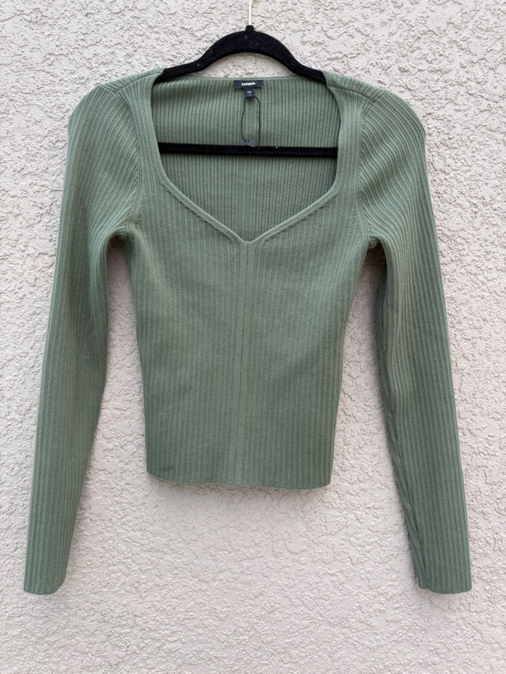 Express Olive Green Ribbed V-Neck Long Sleeve Top